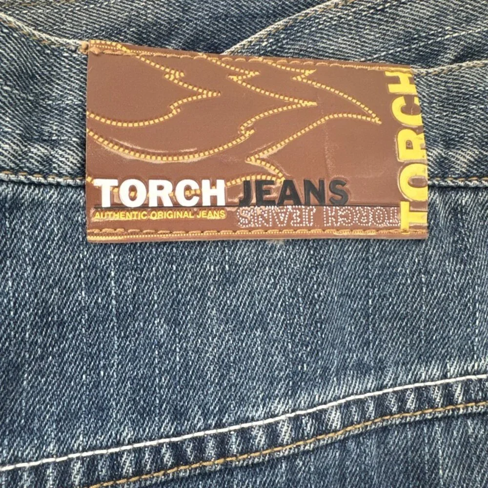 Y2K Torch Jeans Mens 48x34 Denim Patchwork Distressed Wide Baggy Hip Hop Urban - Picture 10 of 13